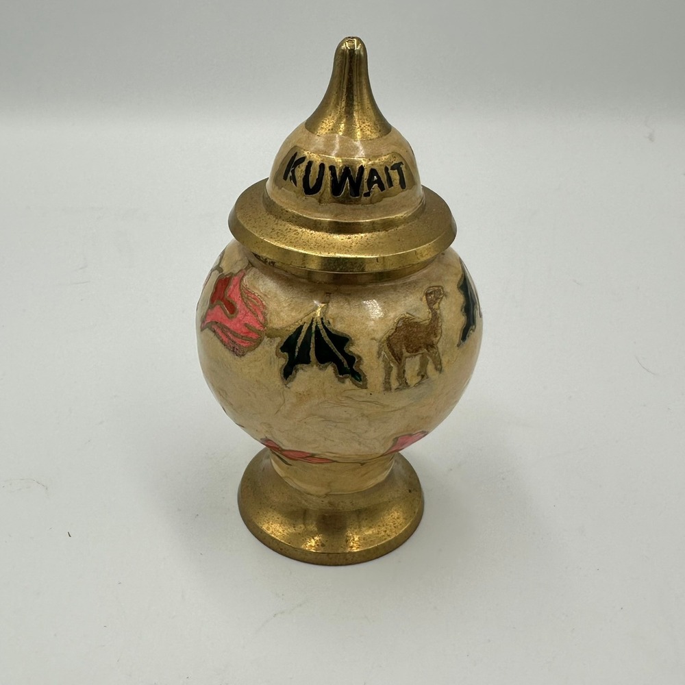 VTG Brass Cloisonne Jar Finial Lid Kuwait Souvenir Gold Enamel Camel Floral Urn